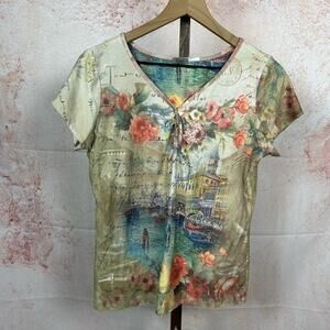 CAIA romantic boho postcard top size M italian rivera artsy tapestry shirt